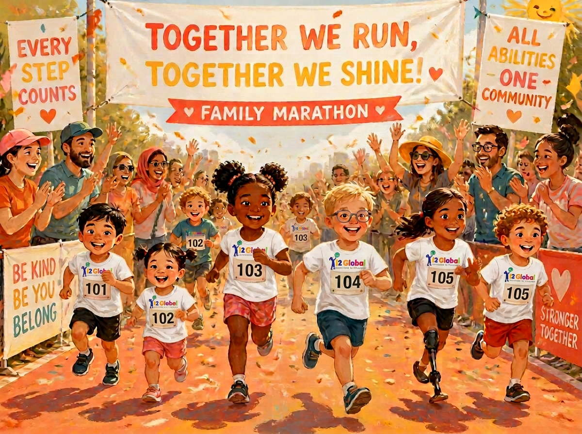 Joyful children of all abilities running together at Kidathon